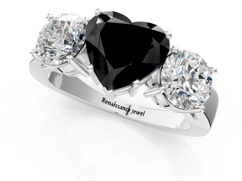 White gold Three-Stone Fancy Black Heart Cut Diamond Ring with Round Side Stones, Classic Band, and Four-Prong Setting_1