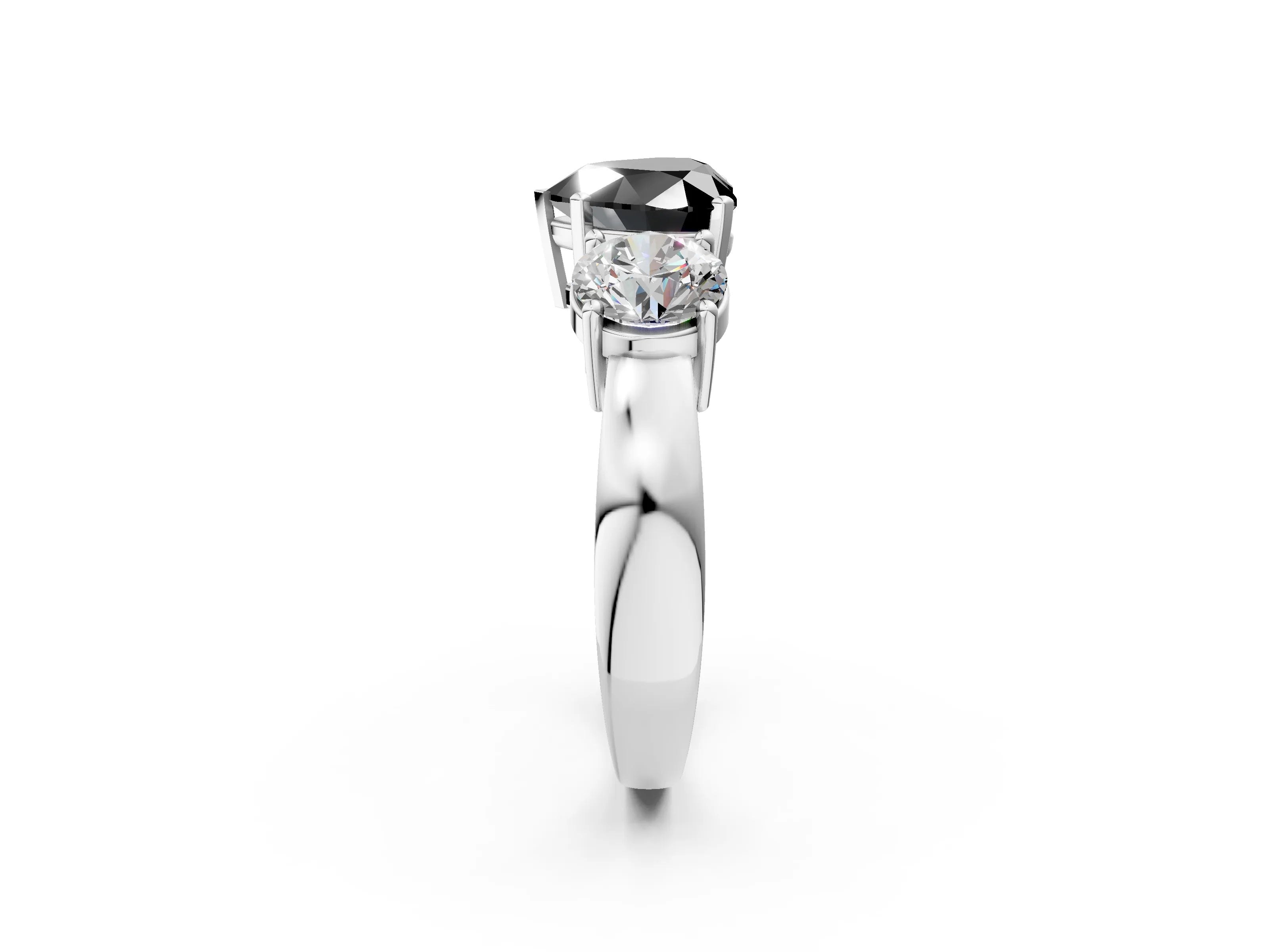 White gold Three-Stone Fancy Black Heart Cut Diamond Ring with Round Side Stones, Classic Band, and Four-Prong Setting_2