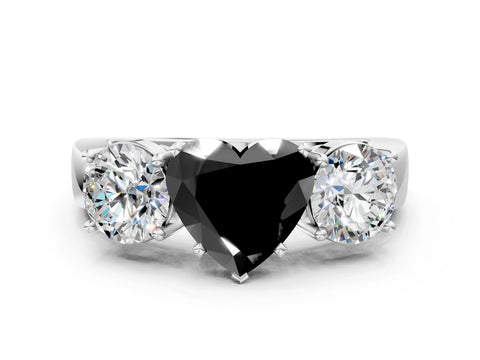 White gold Three-Stone Fancy Black Heart Cut Diamond Ring with Round Side Stones, Classic Band, and Four-Prong Setting