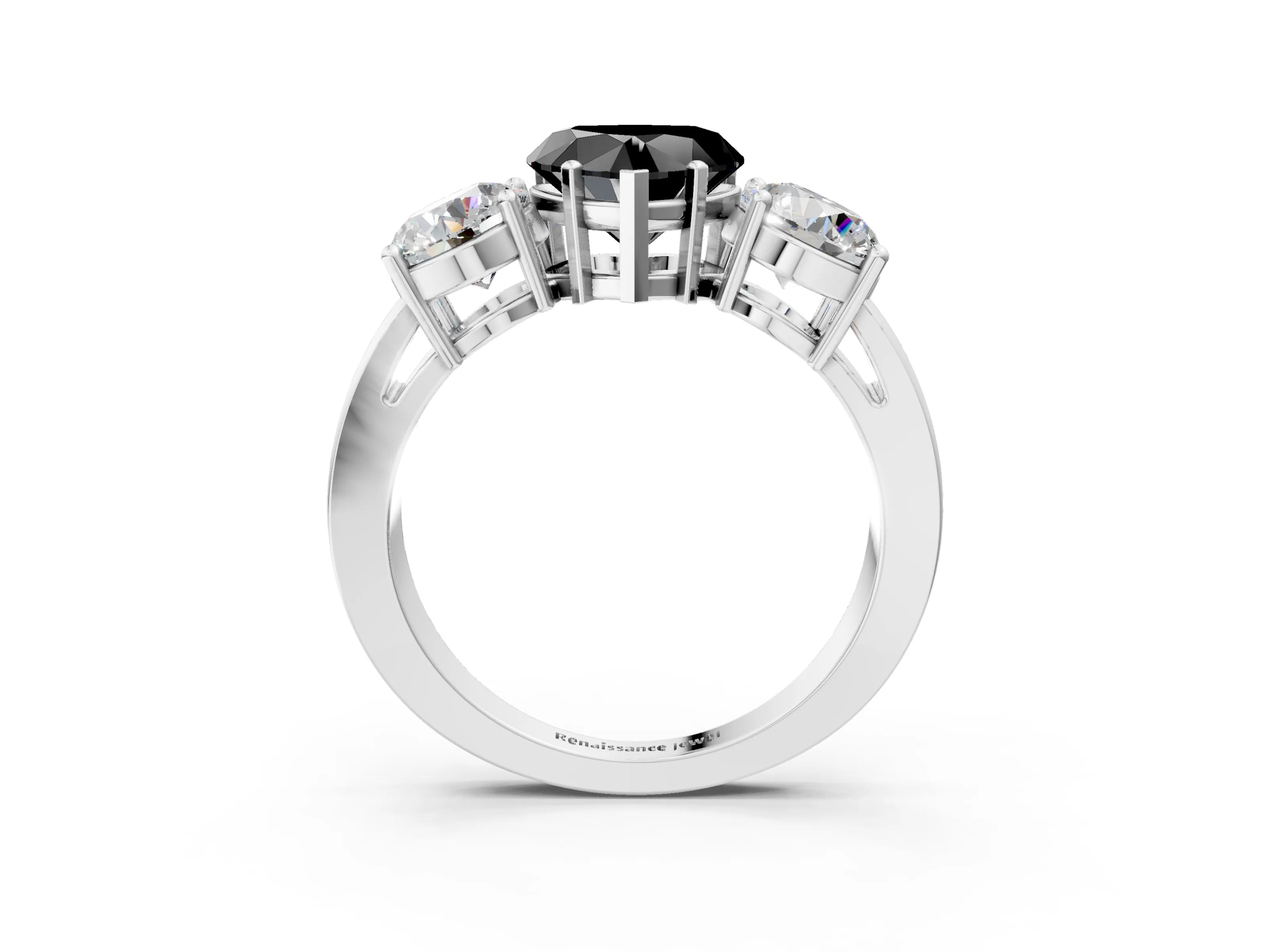 White gold Three-Stone Fancy Black Heart Cut Diamond Ring with Round Side Stones, Classic Band, and Four-Prong Setting_3