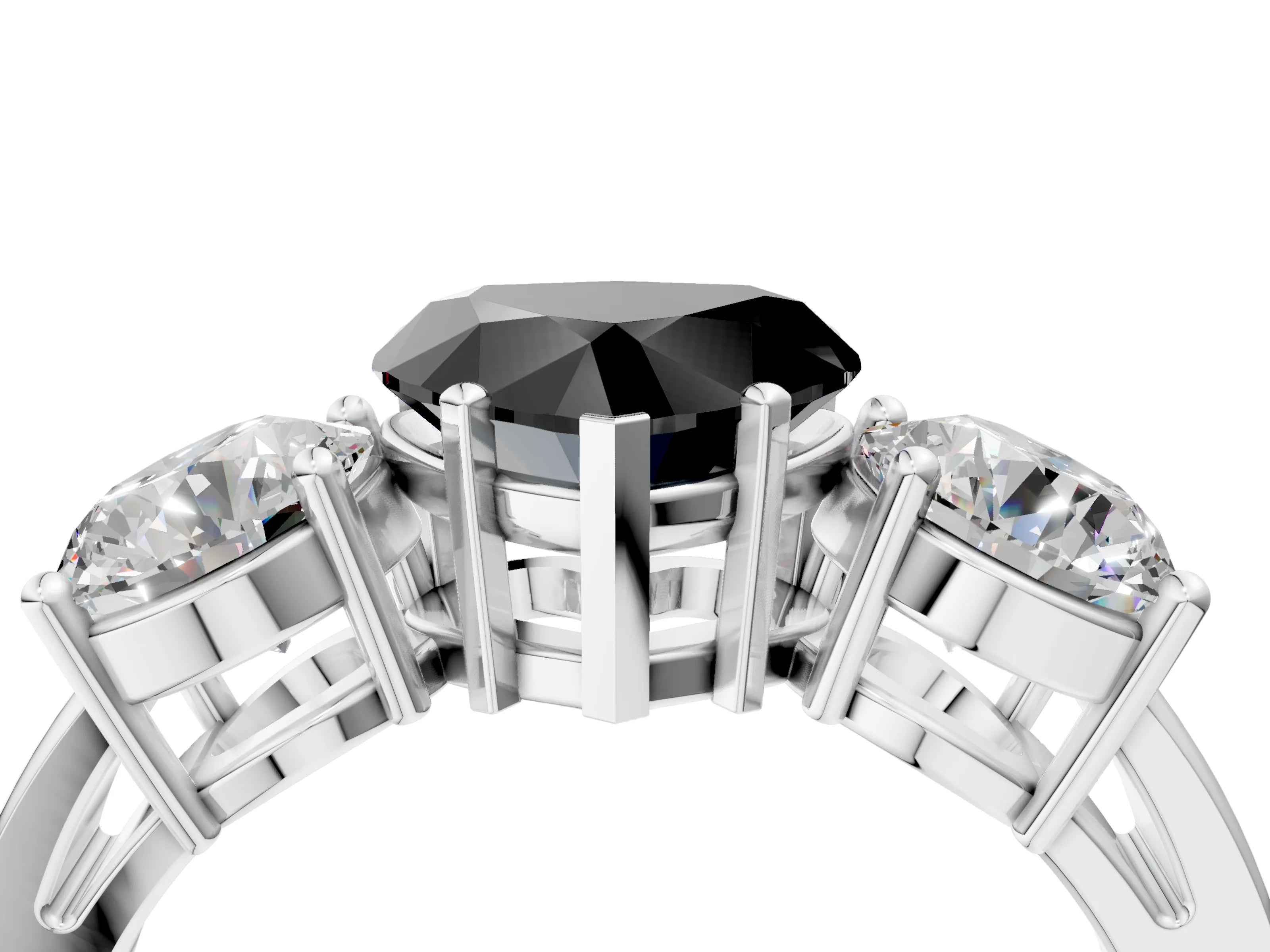 White gold Three-Stone Fancy Black Heart Cut Diamond Ring with Round Side Stones, Classic Band, and Four-Prong Setting_4