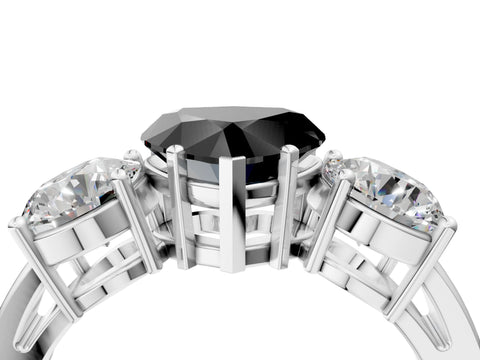 White gold Three-Stone Fancy Black Heart Cut Diamond Ring with Round Side Stones, Classic Band, and Four-Prong Setting_4