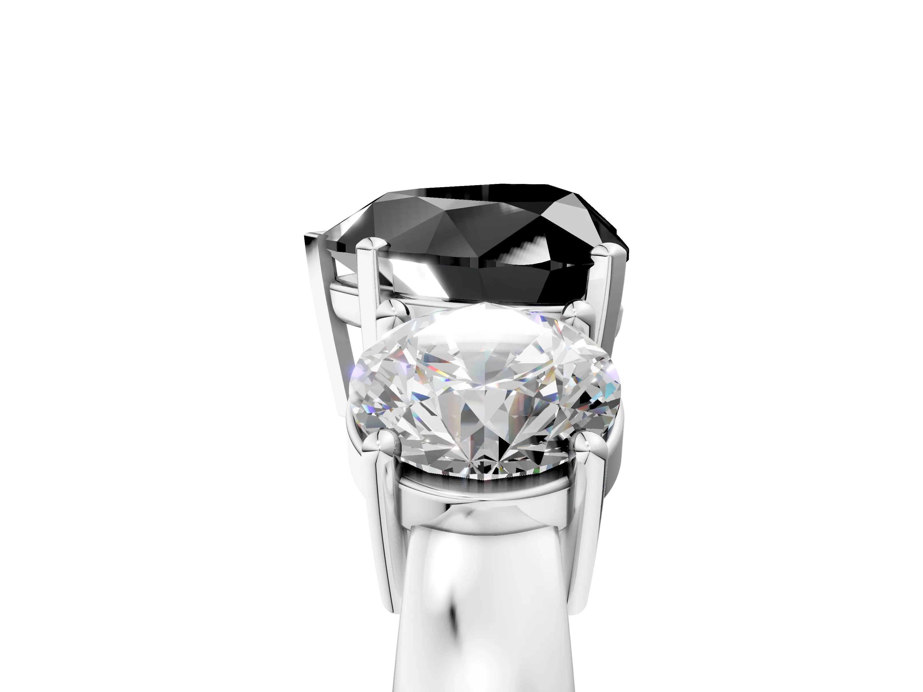 White gold Three-Stone Fancy Black Heart Cut Diamond Ring with Round Side Stones, Classic Band, and Four-Prong Setting_5