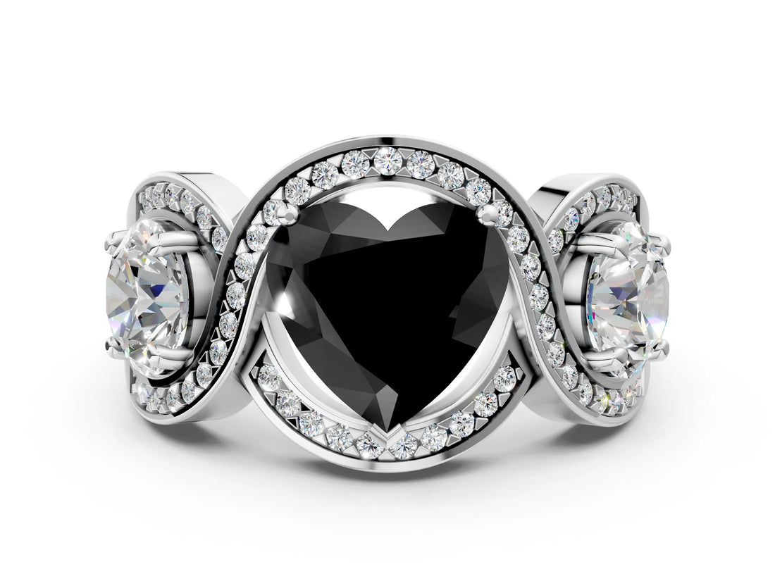 White gold Three-Stone Fancy Black Heart Cut Diamond Wave Pave Band with Prong Setting_18