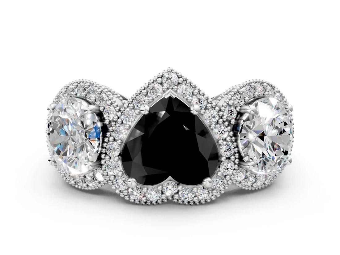 White gold Three-Stone Fancy Black Heart Cut Halo Diamond Milgrain Band with Four-Prong Setting