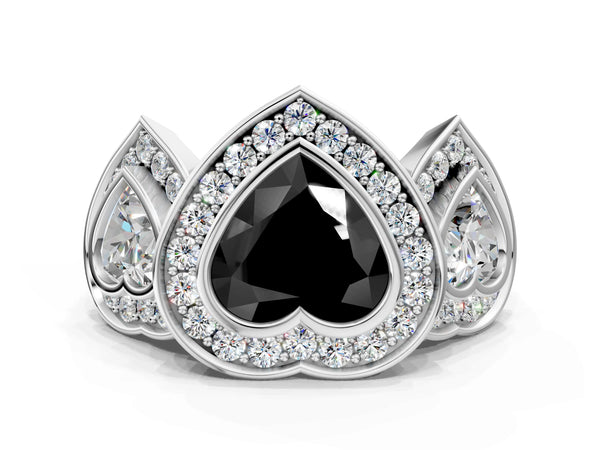 Platinum Heart-Shaped Bezel Three Stone Halo Engagement Ring Setting for Black Center