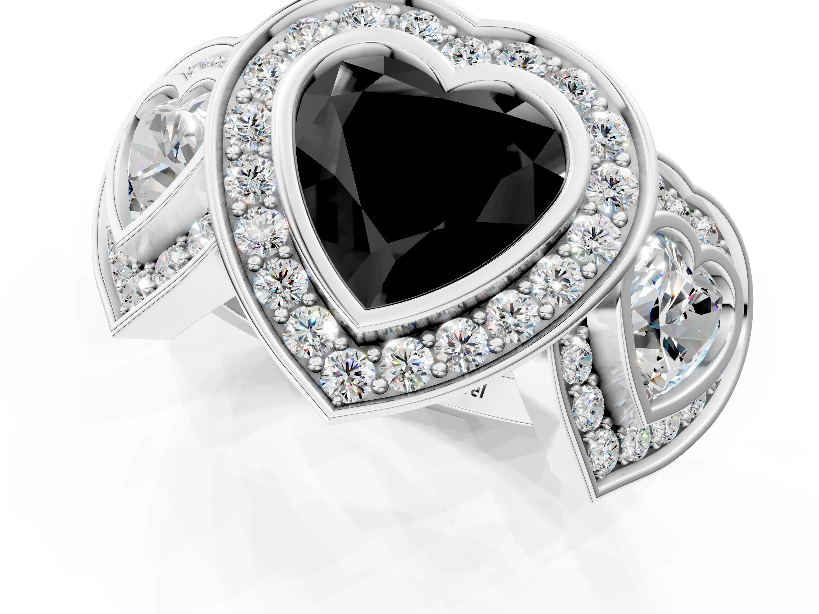 White gold Three-Stone Fancy Black Heart Cut Halo Pavé Diamond Ring_1