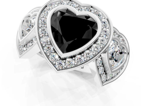 White gold Three-Stone Fancy Black Heart Cut Halo Pavé Diamond Ring_1