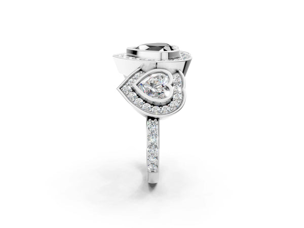 Platinum Heart-Shaped Bezel Three Stone Halo Engagement Ring Setting for Black Center