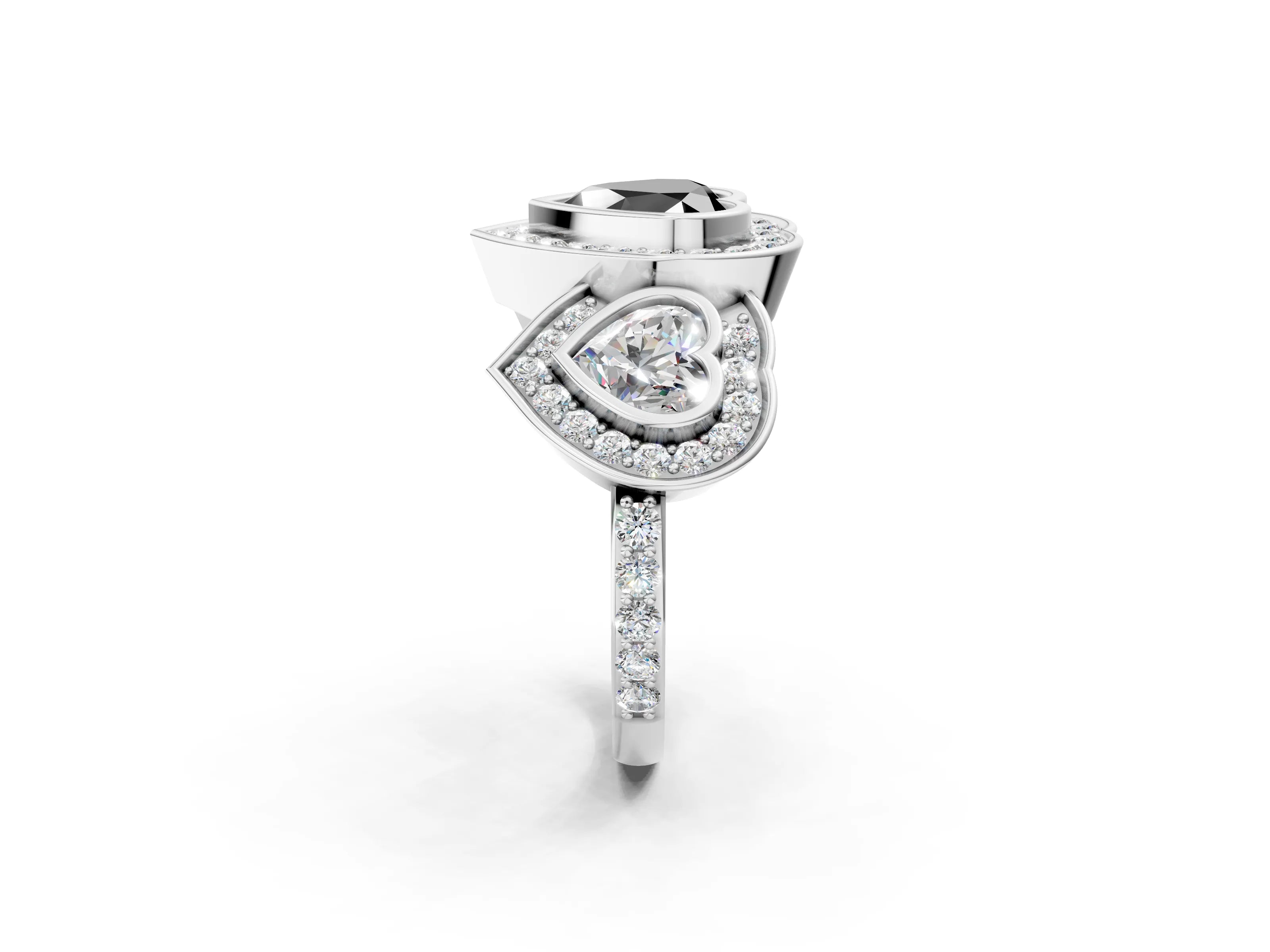 White gold Three-Stone Fancy Black Heart Cut Halo Pavé Diamond Ring_2