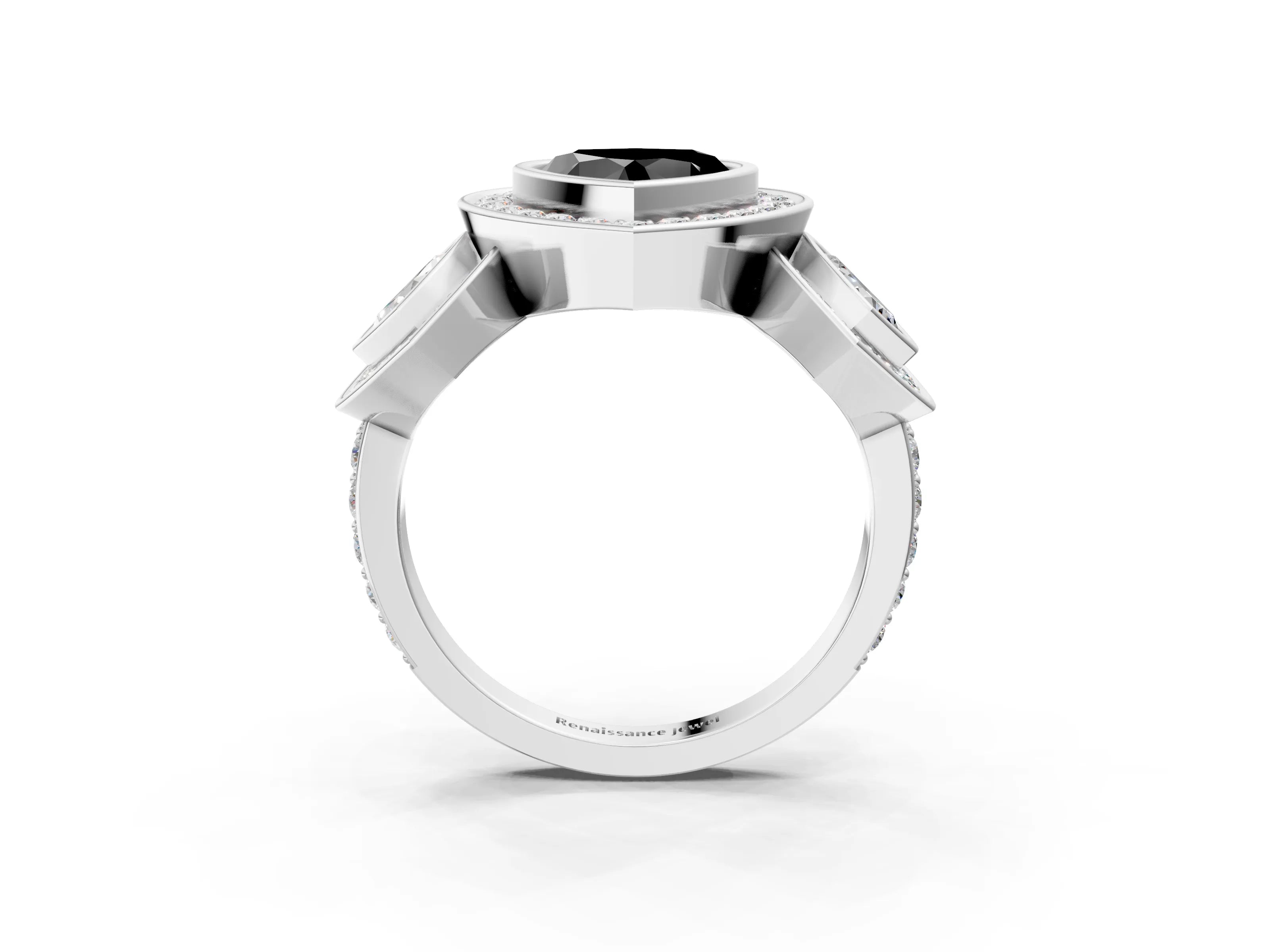 White gold Three-Stone Fancy Black Heart Cut Halo Pavé Diamond Ring_3