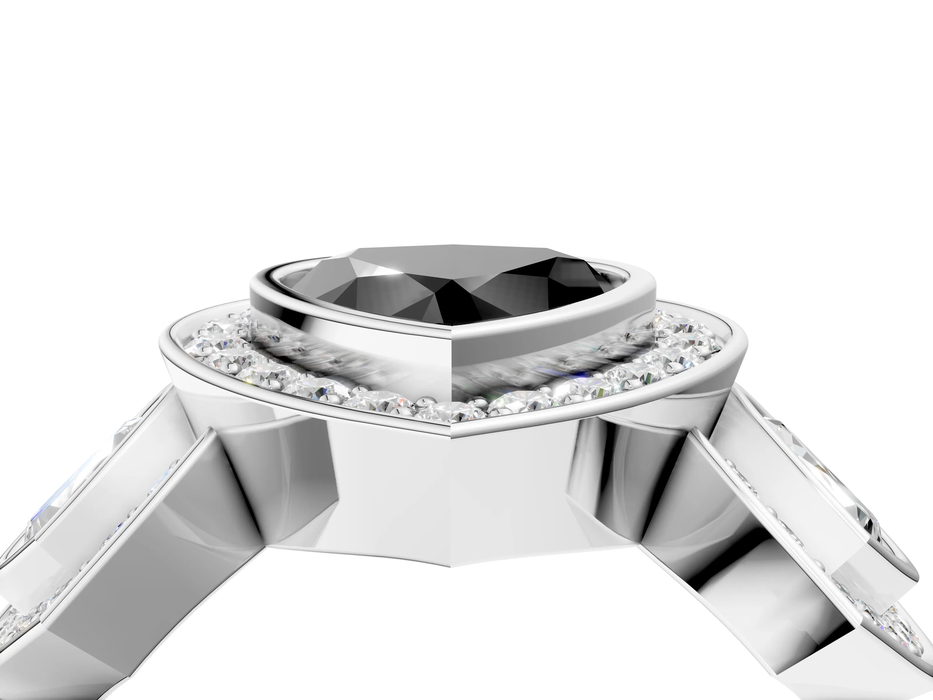 White gold Three-Stone Fancy Black Heart Cut Halo Pavé Diamond Ring_4