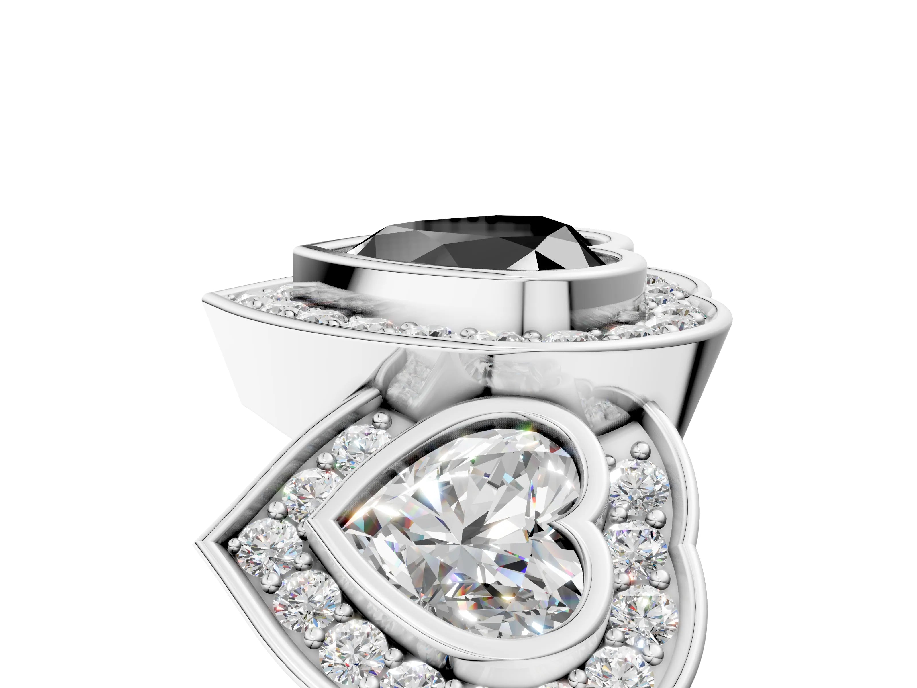 White gold Three-Stone Fancy Black Heart Cut Halo Pavé Diamond Ring_5