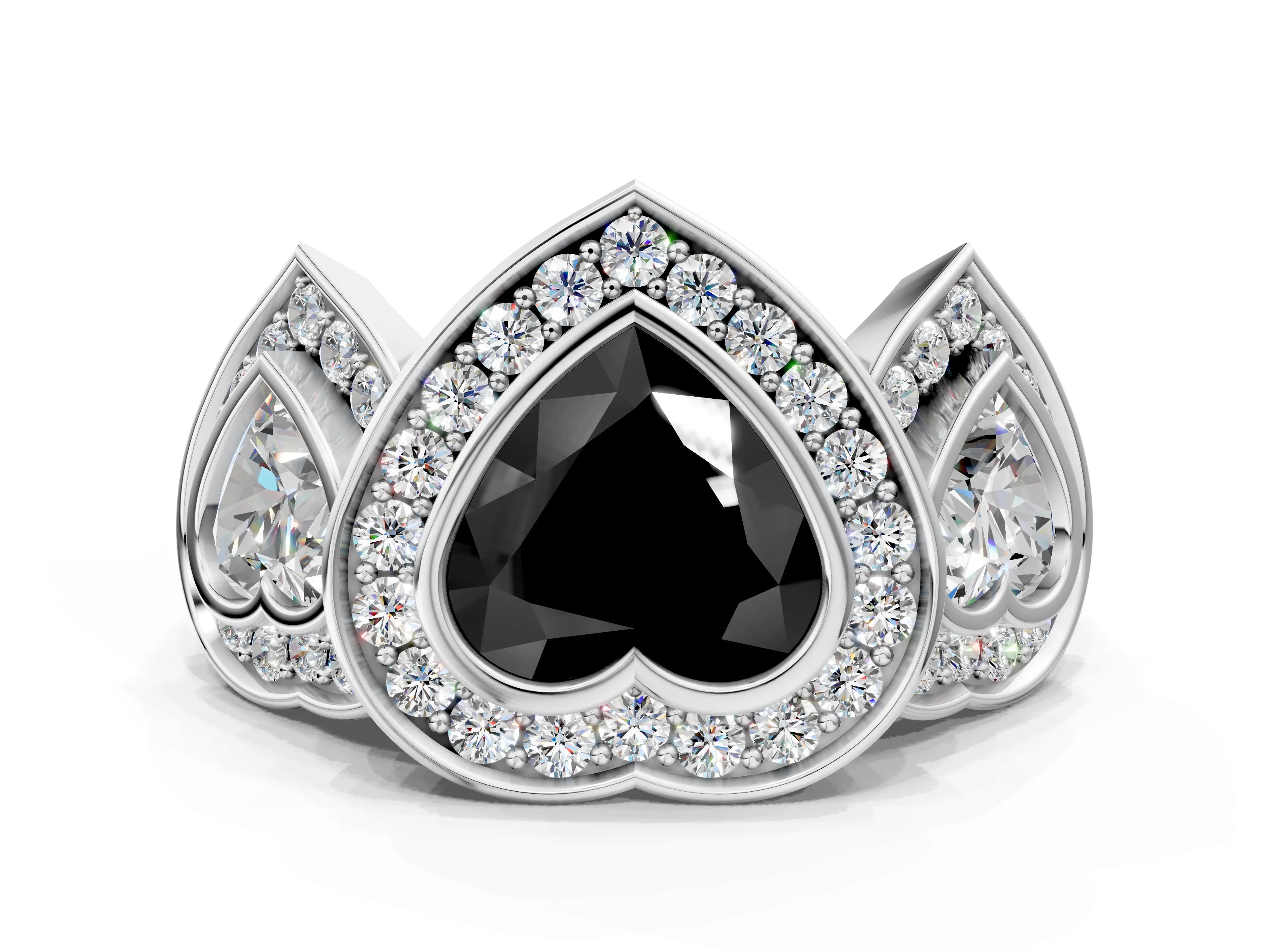 White gold Three-Stone Fancy Black Heart Cut Halo Pavé Diamond Ring