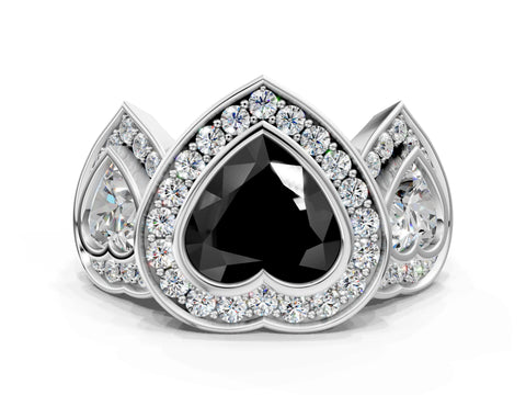 White gold Three-Stone Fancy Black Heart Cut Halo Pavé Diamond Ring