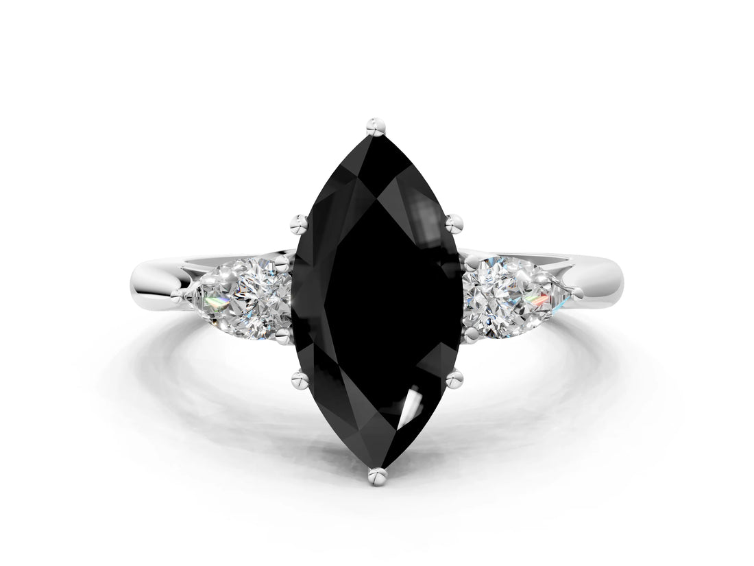 White gold Three-Stone Fancy Black Marquise Cut Brilliant Diamond Solitaire Ring with Tapered Band and Four-Prong Setting_19