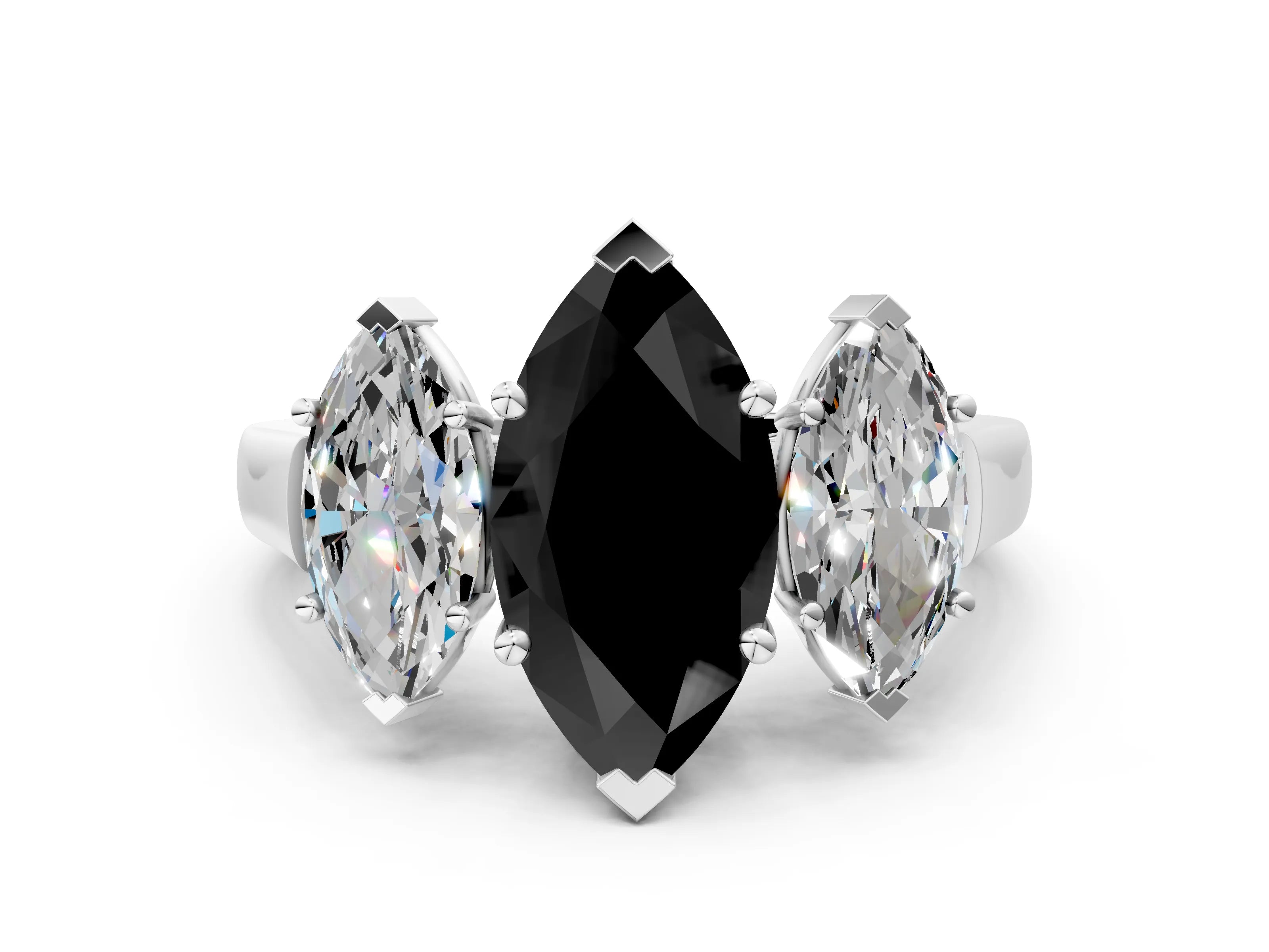White gold Three-Stone Fancy Black Marquise Cut Brilliant Diamond Trellis Ring with Comfort Fit Band_12