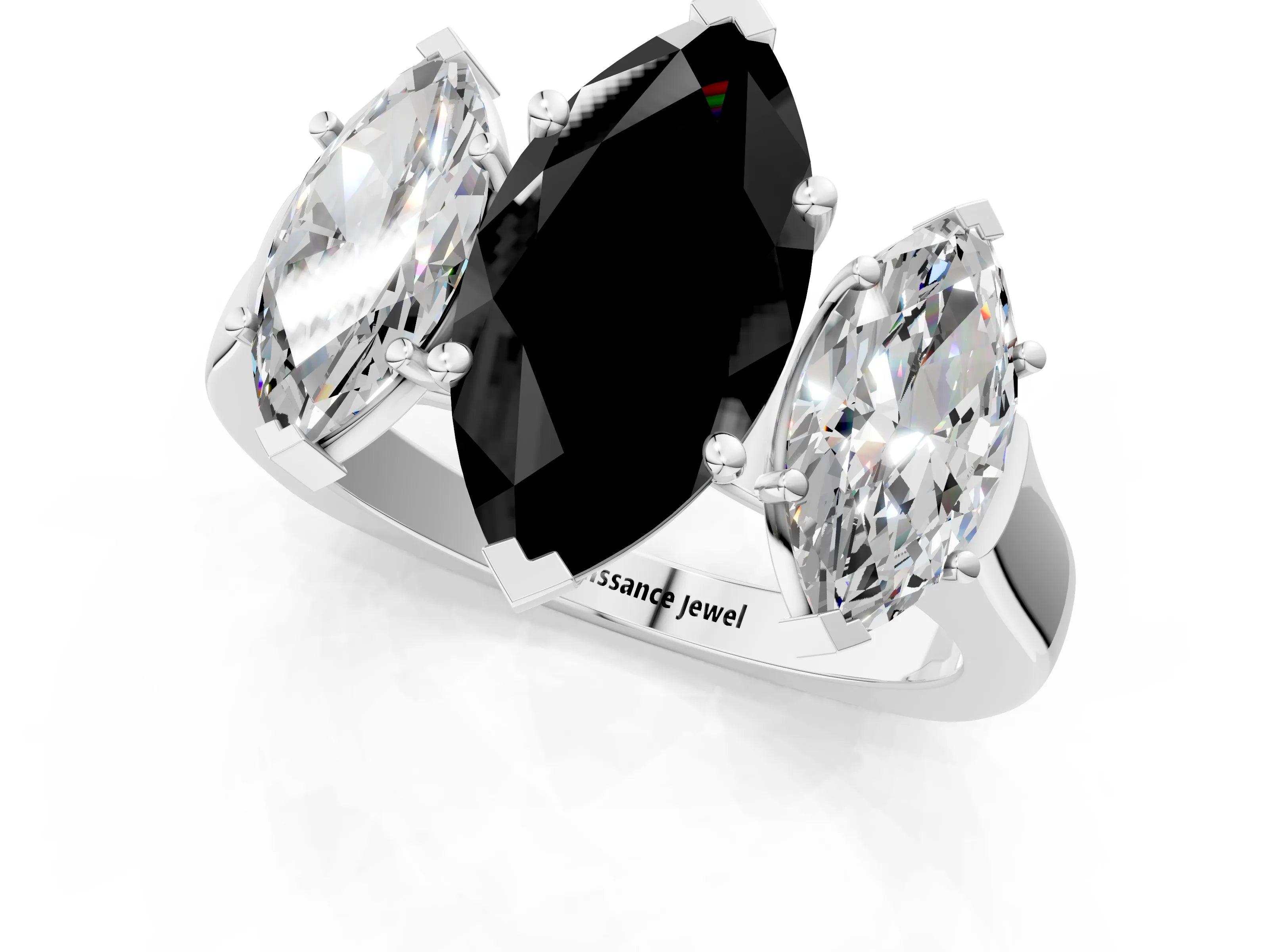 White gold Three-Stone Fancy Black Marquise Cut Brilliant Diamond Trellis Ring with Comfort Fit Band_13