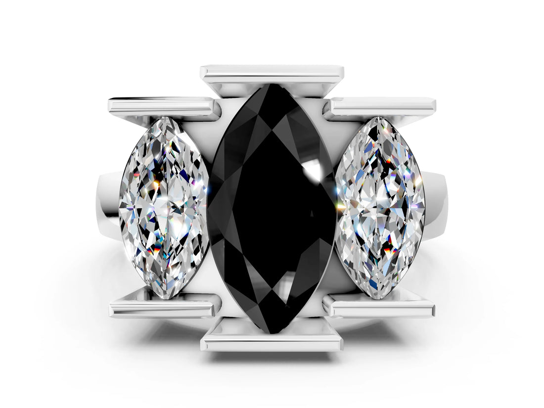 White gold Three Stone Fancy Black Marquise Cut Cut Channel Set Diamond Ring_24