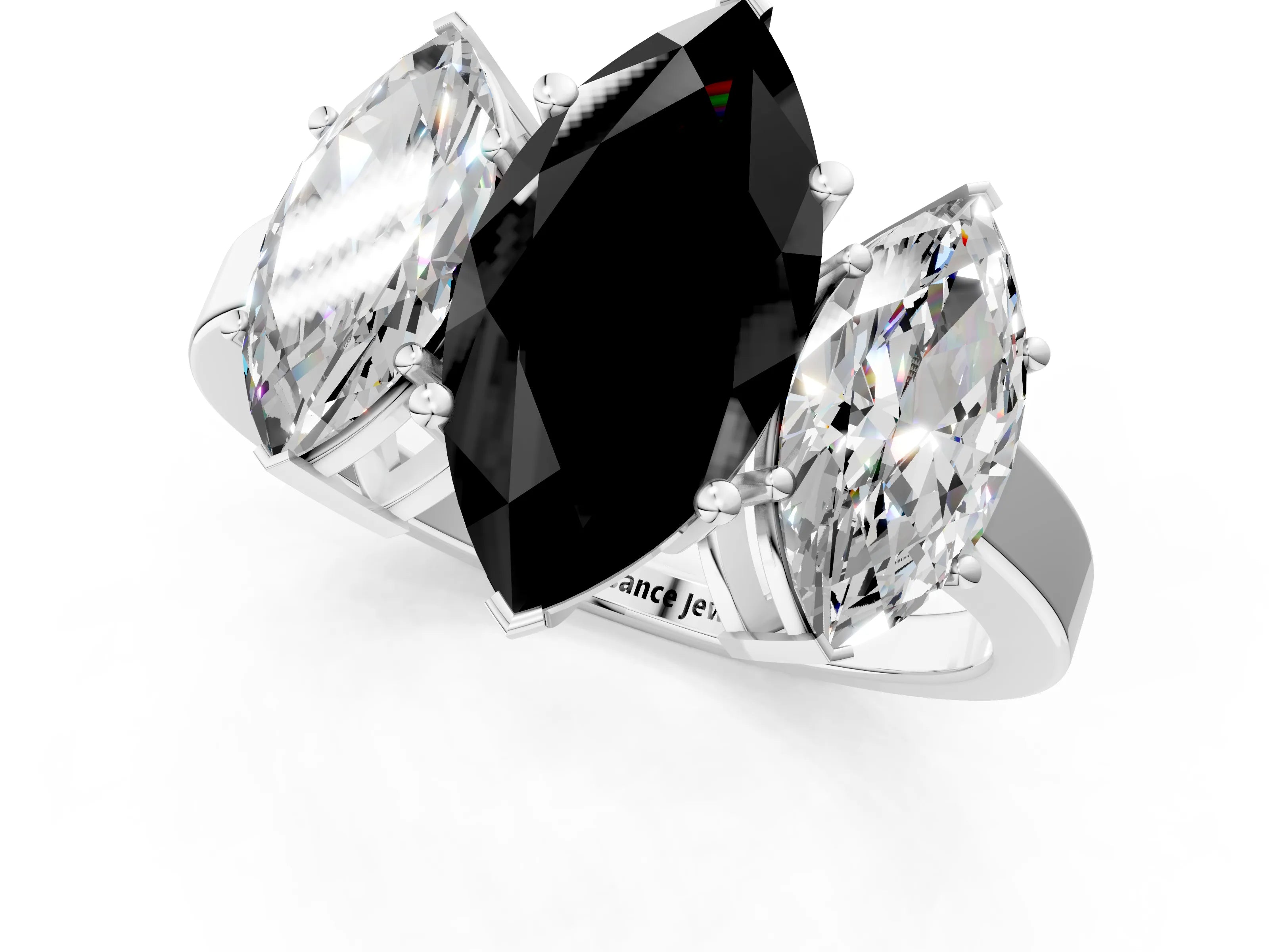 White gold Three-Stone Fancy Black Marquise Cut Cut Diamond Engagement Ring with Flat Band and Four-Prong Setting_1