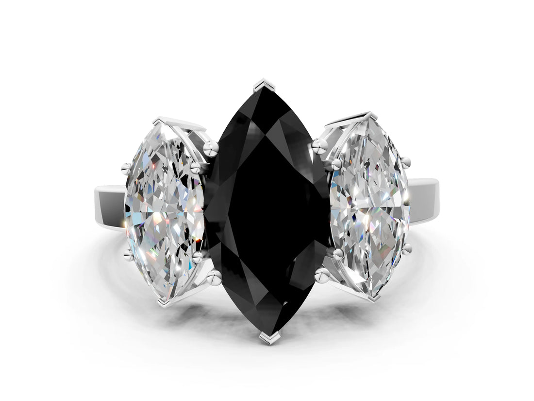 White gold Three-Stone Fancy Black Marquise Cut Cut Diamond Engagement Ring with Flat Band and Four-Prong Setting_12