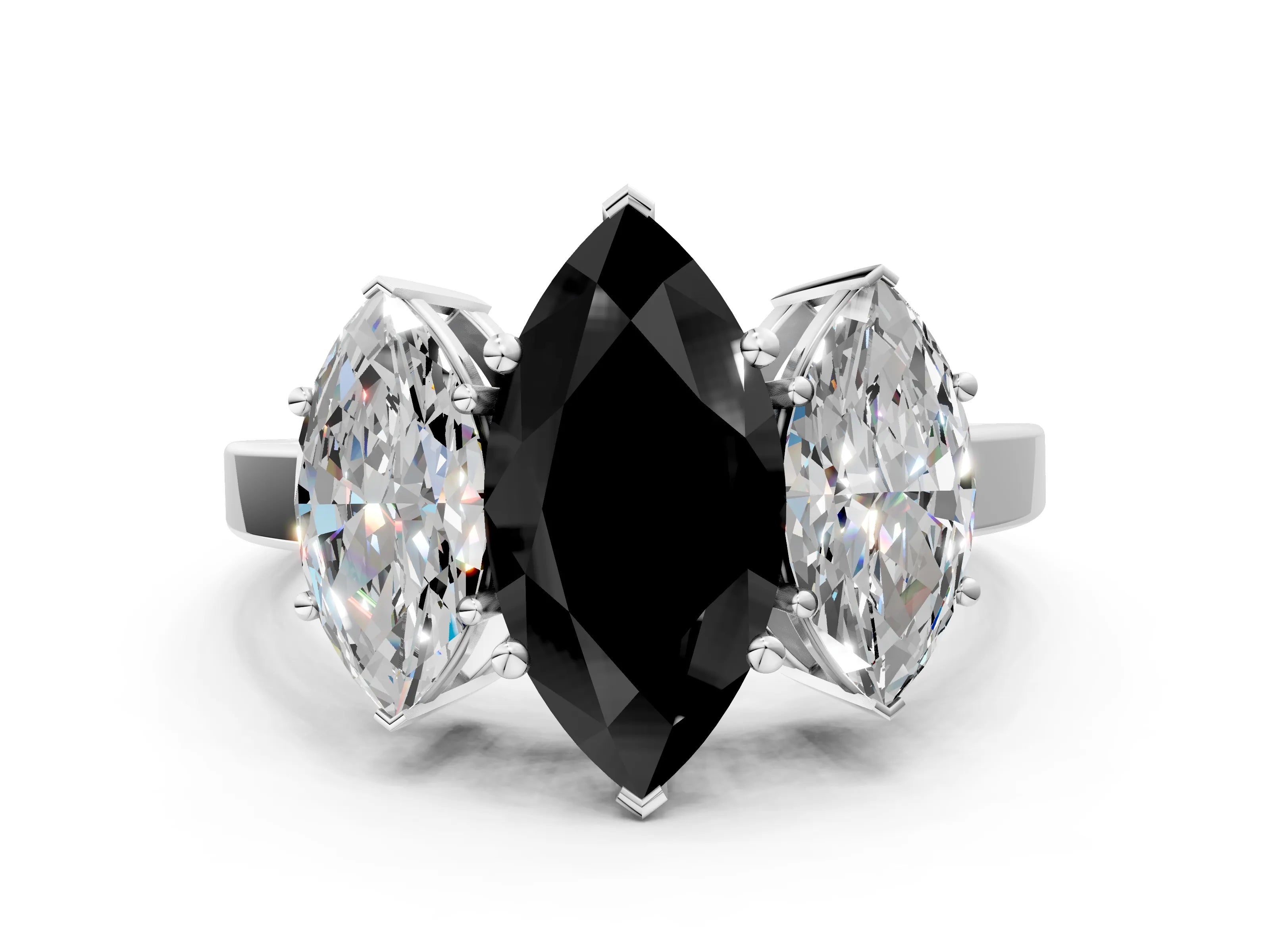 White gold Three-Stone Fancy Black Marquise Cut Cut Diamond Engagement Ring with Flat Band and Four-Prong Setting_12