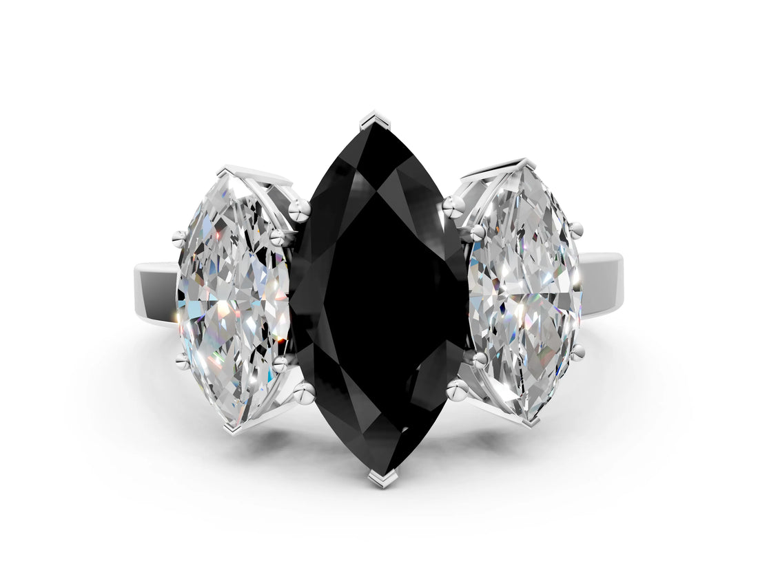 White gold Three-Stone Fancy Black Marquise Cut Cut Diamond Engagement Ring with Flat Band and Four-Prong Setting_12