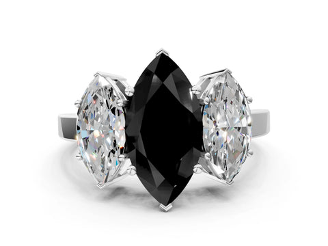 White gold Three-Stone Fancy Black Marquise Cut Cut Diamond Engagement Ring with Flat Band and Four-Prong Setting_12