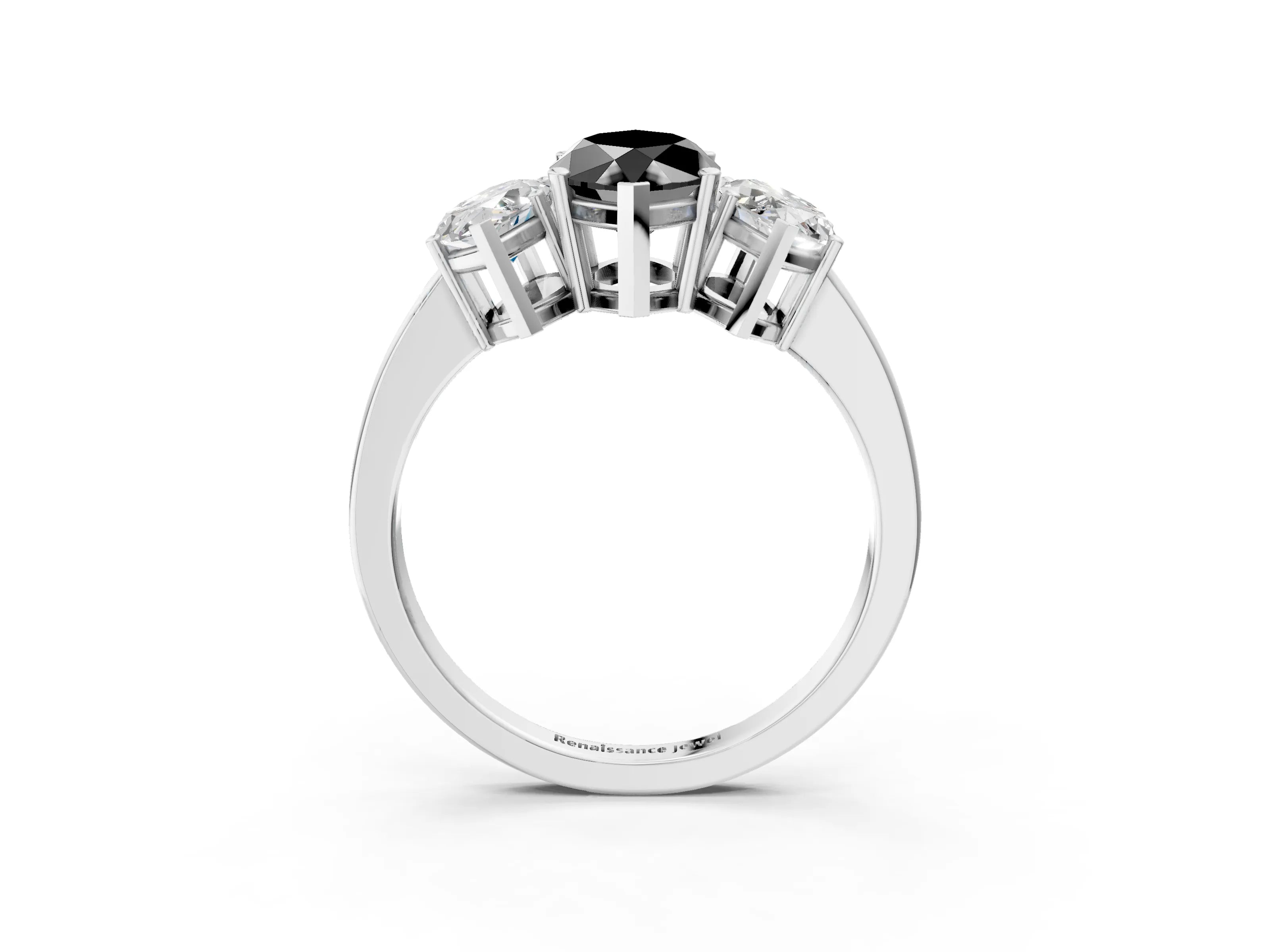White gold Three-Stone Fancy Black Marquise Cut Cut Diamond Engagement Ring with Flat Band and Four-Prong Setting_3