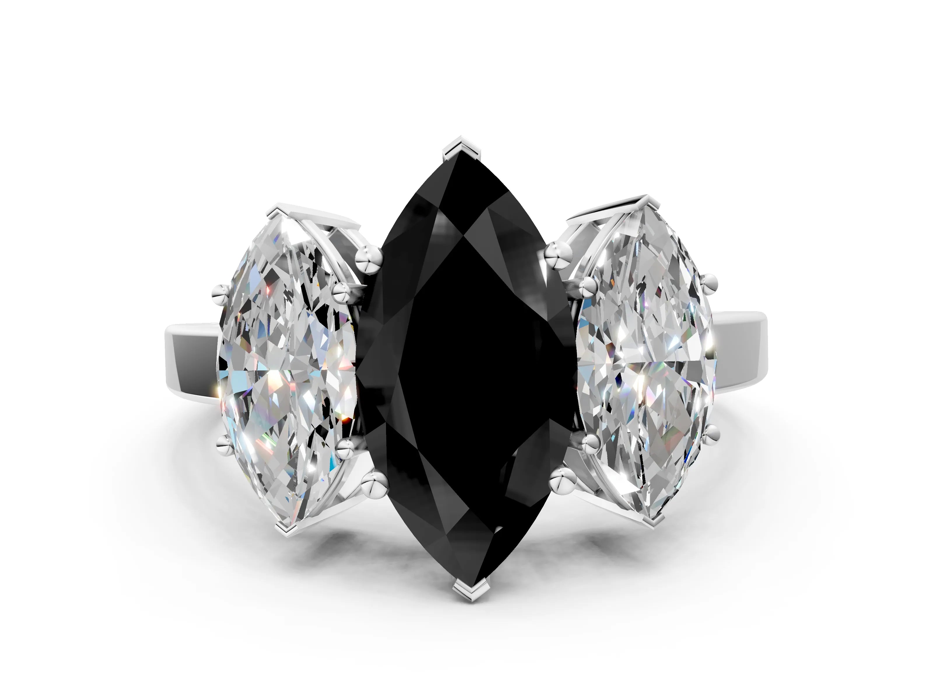 White gold Three-Stone Fancy Black Marquise Cut Cut Diamond Engagement Ring with Flat Band and Four-Prong Setting