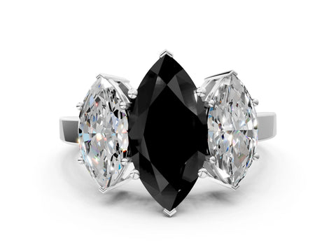 White gold Three-Stone Fancy Black Marquise Cut Cut Diamond Engagement Ring with Flat Band and Four-Prong Setting