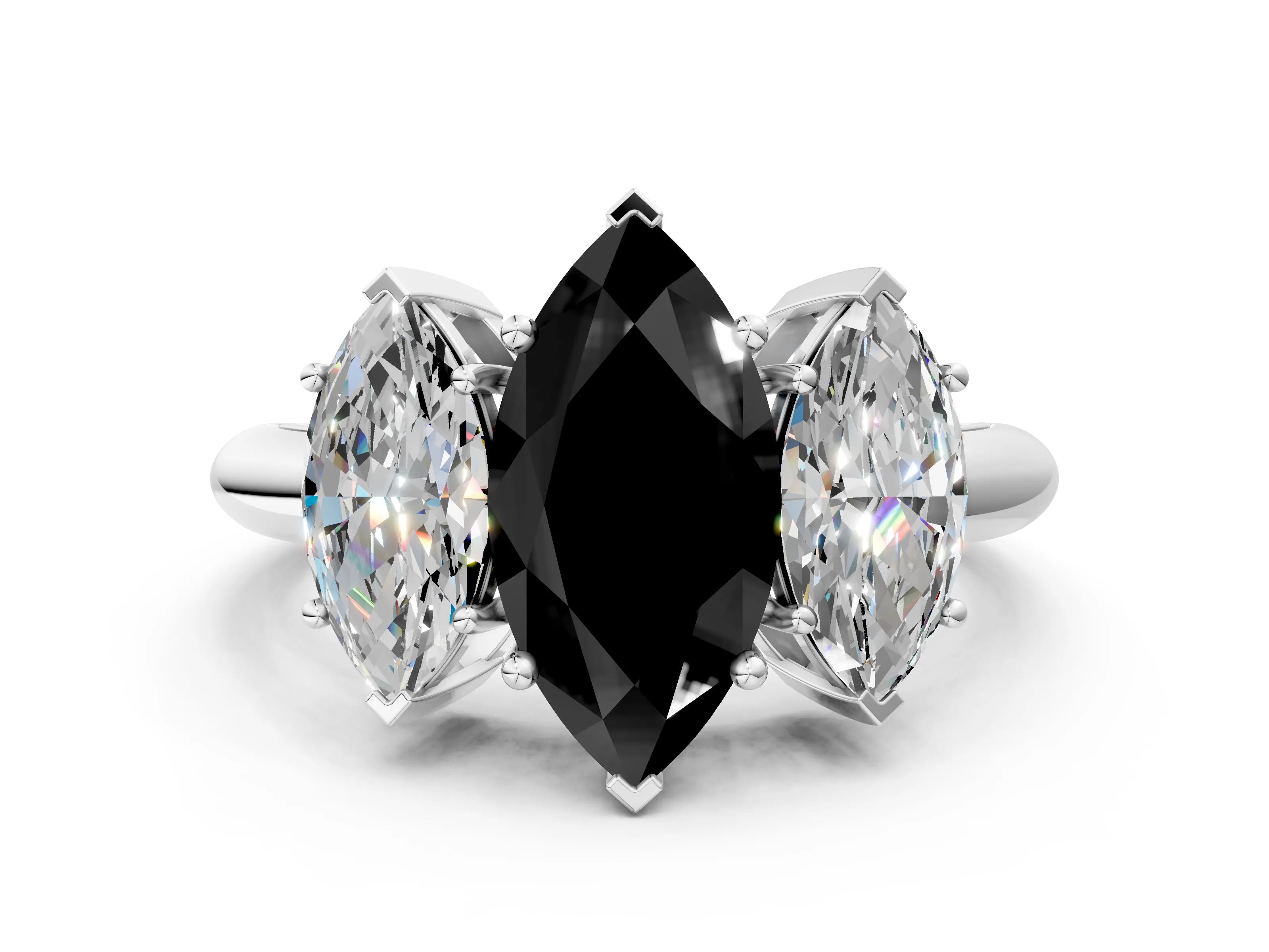 White gold Three-Stone Fancy Black Marquise Cut Cut Diamond Engagement Ring with Prong Setting on a White Gold Band_12