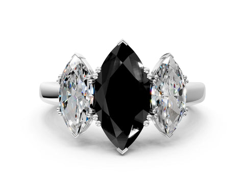White gold Three-Stone Fancy Black Marquise Cut Cut Diamond Ring with Channel Set Band and Four-Prong Setting