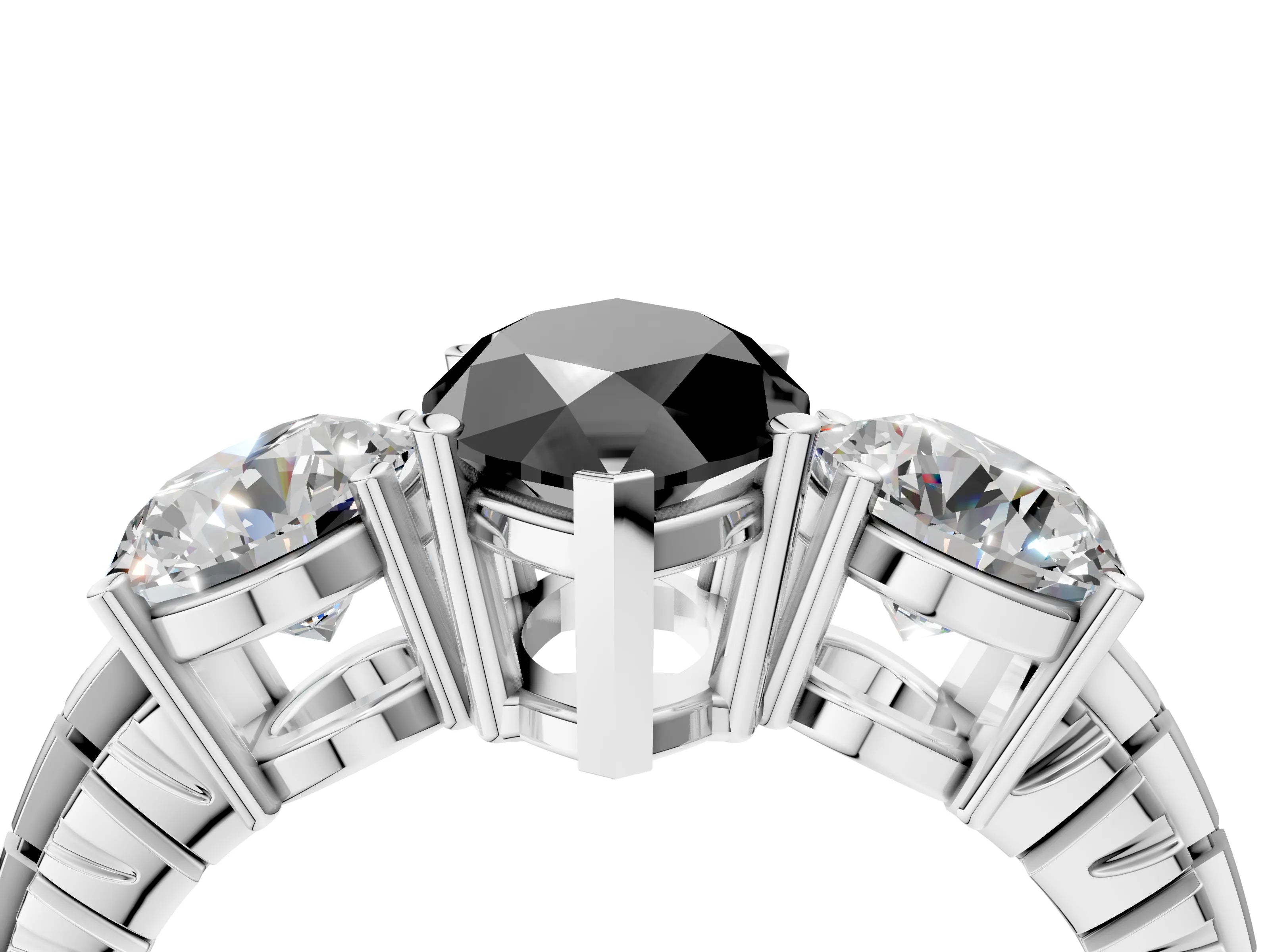 White gold Three-Stone Fancy Black Marquise Cut Cut Diamond Ring with Channel-Set Band and Prong Setting_4