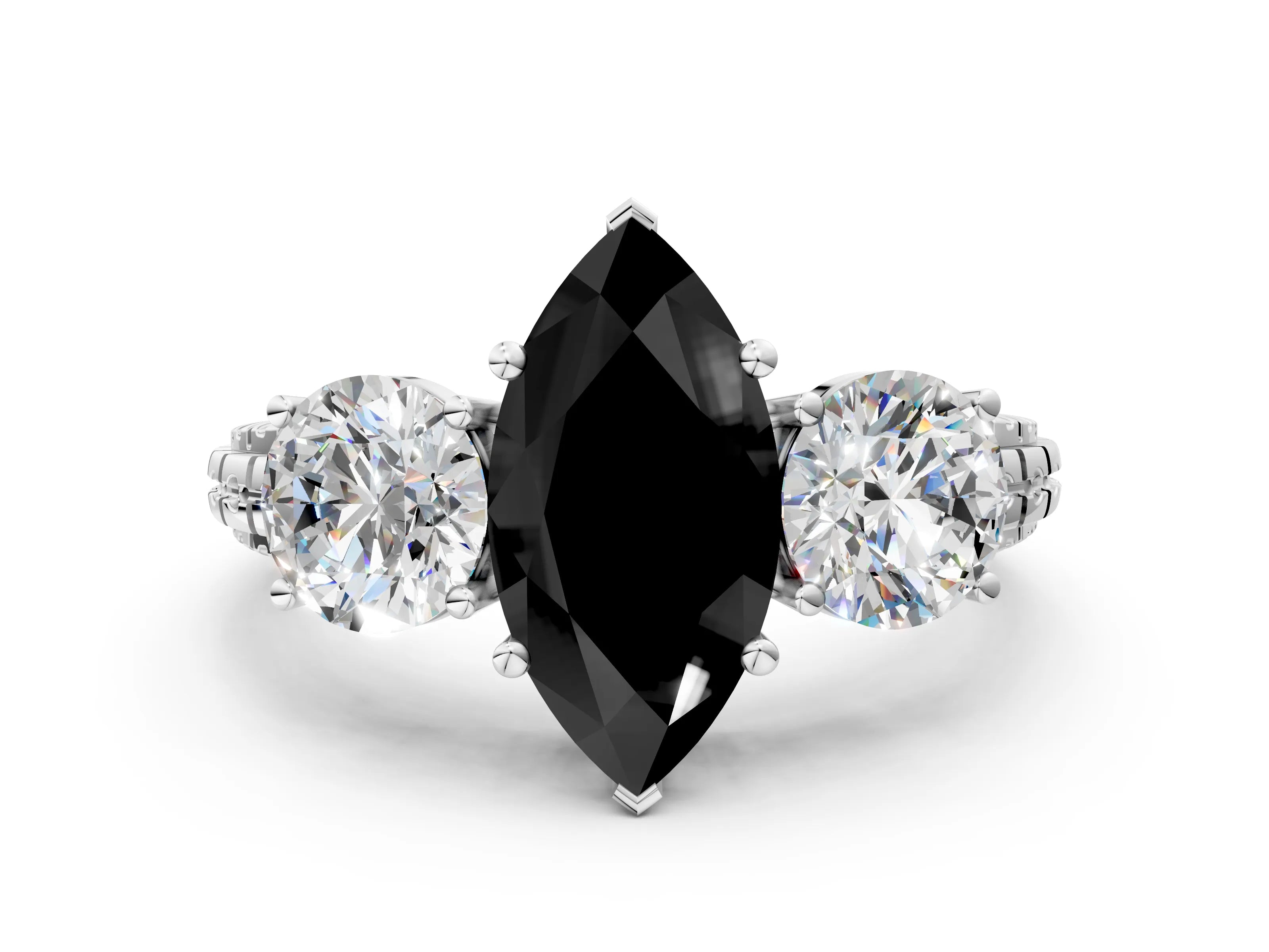 White gold Three-Stone Fancy Black Marquise Cut Cut Diamond Ring with Channel-Set Band and Prong Setting