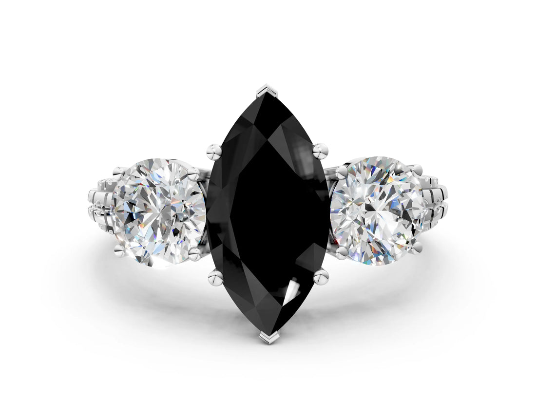White gold Three-Stone Fancy Black Marquise Cut Cut Diamond Ring with Channel-Set Band and Prong Setting