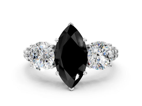 White gold Three-Stone Fancy Black Marquise Cut Cut Diamond Ring with Channel-Set Band and Prong Setting