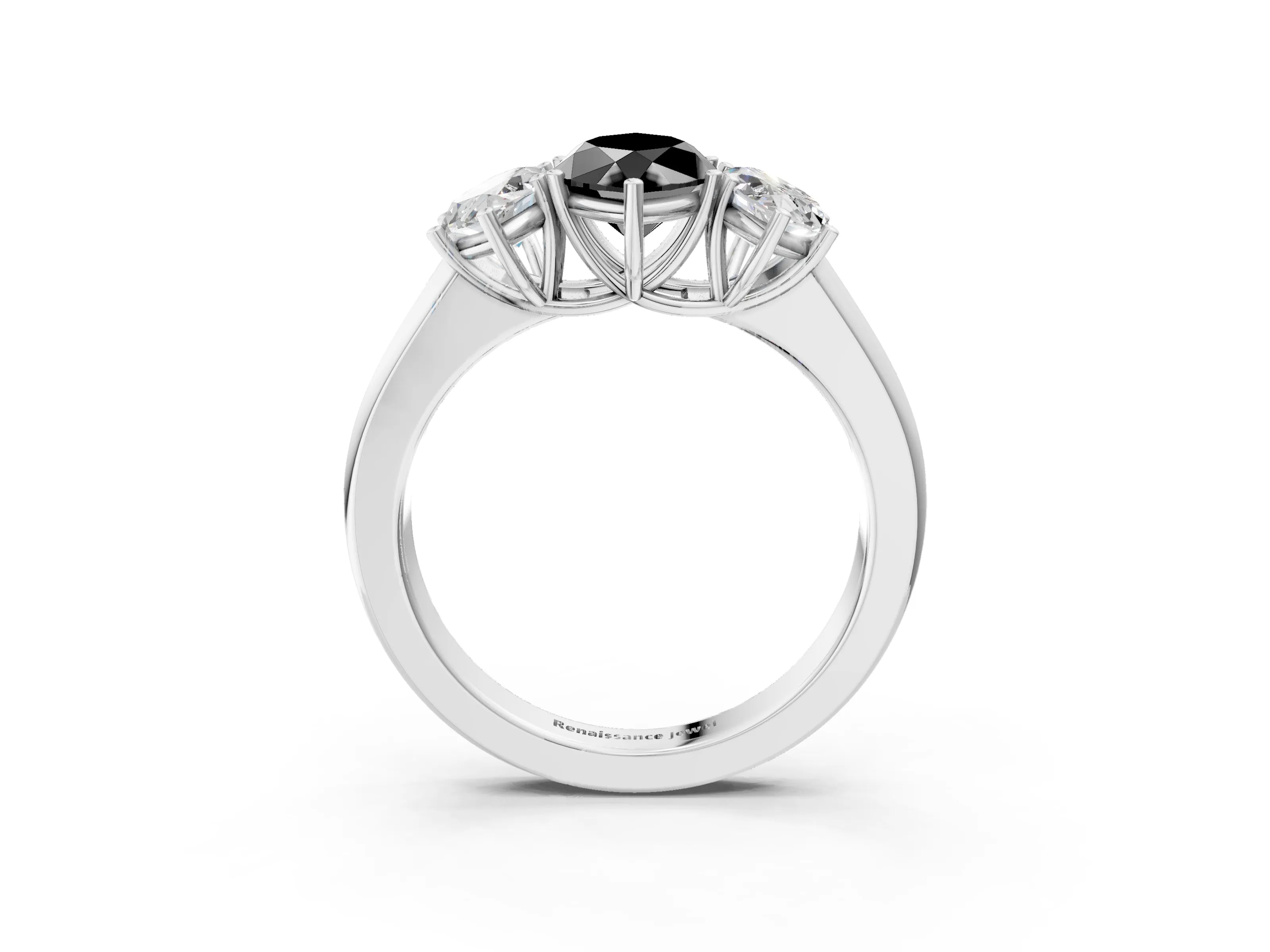White gold Three-Stone Fancy Black Marquise Cut Cut Diamond Ring with Prong Setting and Classic Band_3