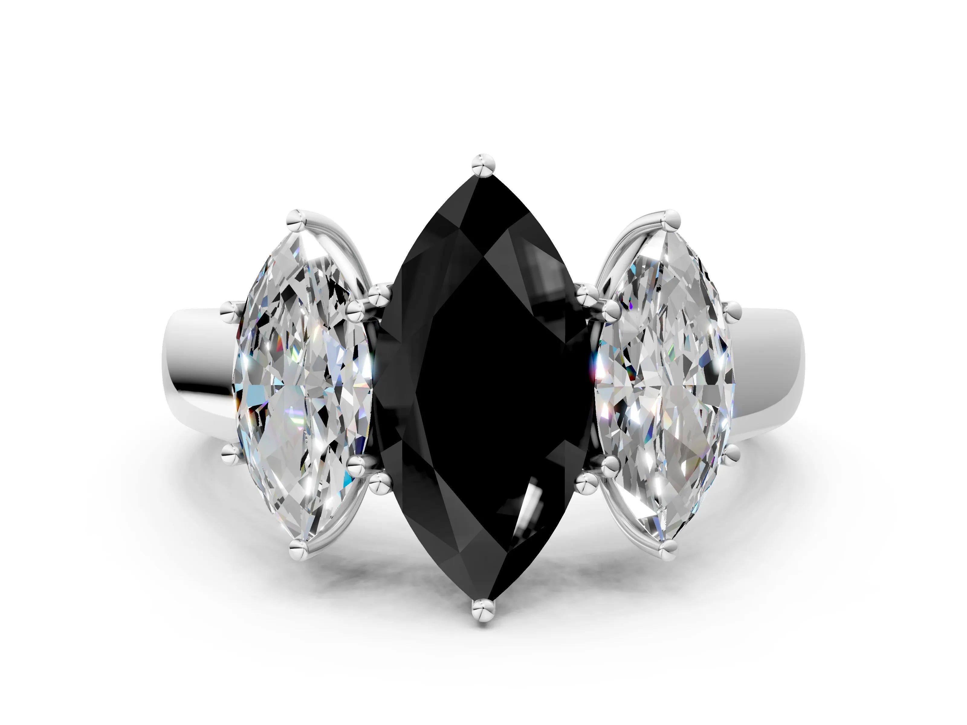 White gold Three-Stone Fancy Black Marquise Cut Cut Diamond Ring with Prong Setting and Classic Band