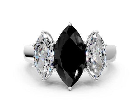 White gold Three-Stone Fancy Black Marquise Cut Cut Diamond Ring with Prong Setting and Classic Band