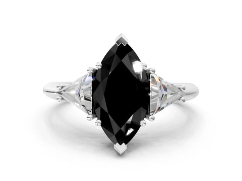 White gold Three-Stone Fancy Black Marquise Cut Cut Diamond Ring with Trillion Side Stones and Four-Prong Setting_11
