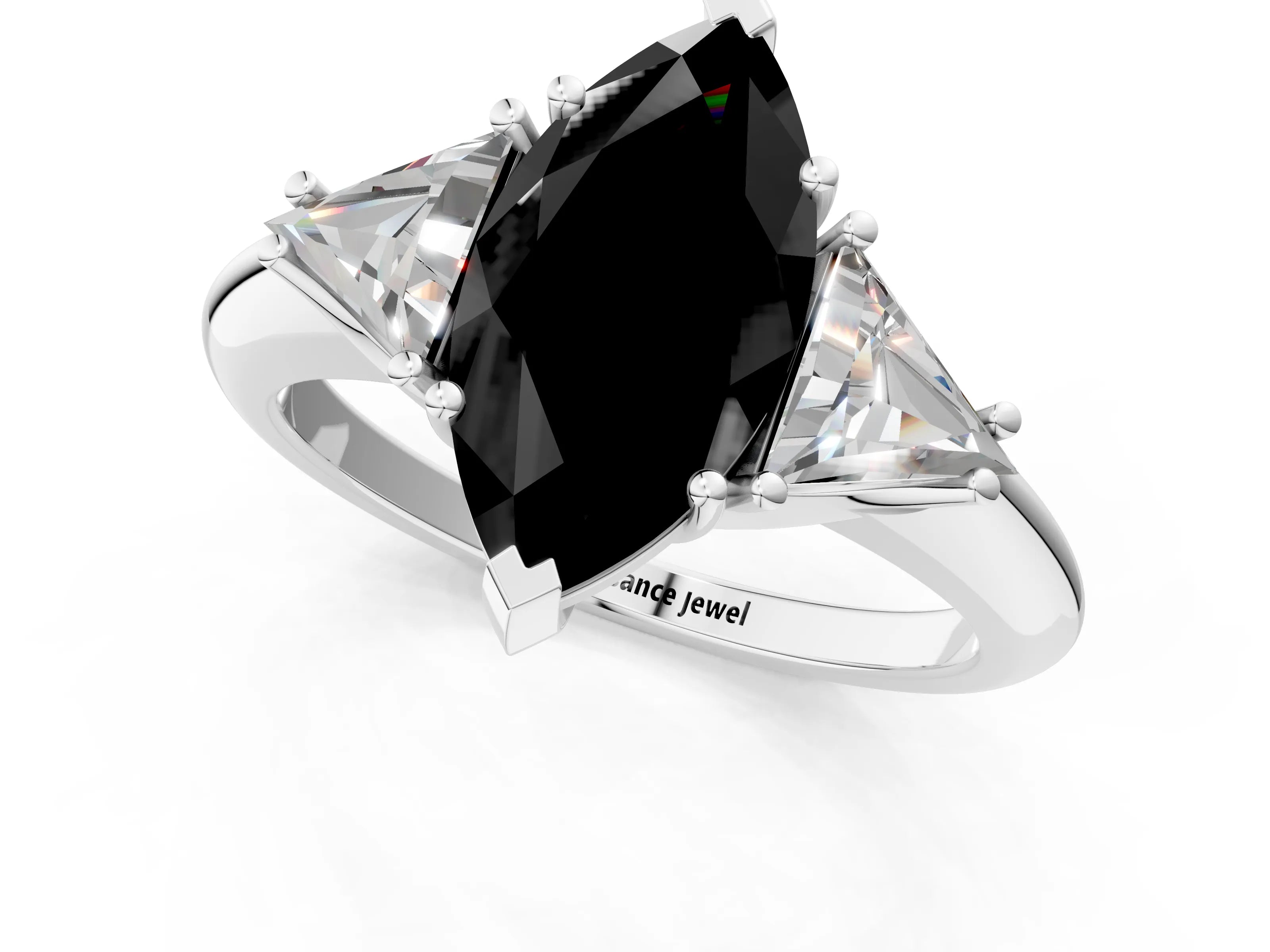 White gold Three-Stone Fancy Black Marquise Cut Cut Diamond Ring with Trillion Side Stones and Four-Prong Setting_12