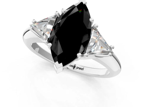 White gold Three-Stone Fancy Black Marquise Cut Cut Diamond Ring with Trillion Side Stones and Four-Prong Setting_12