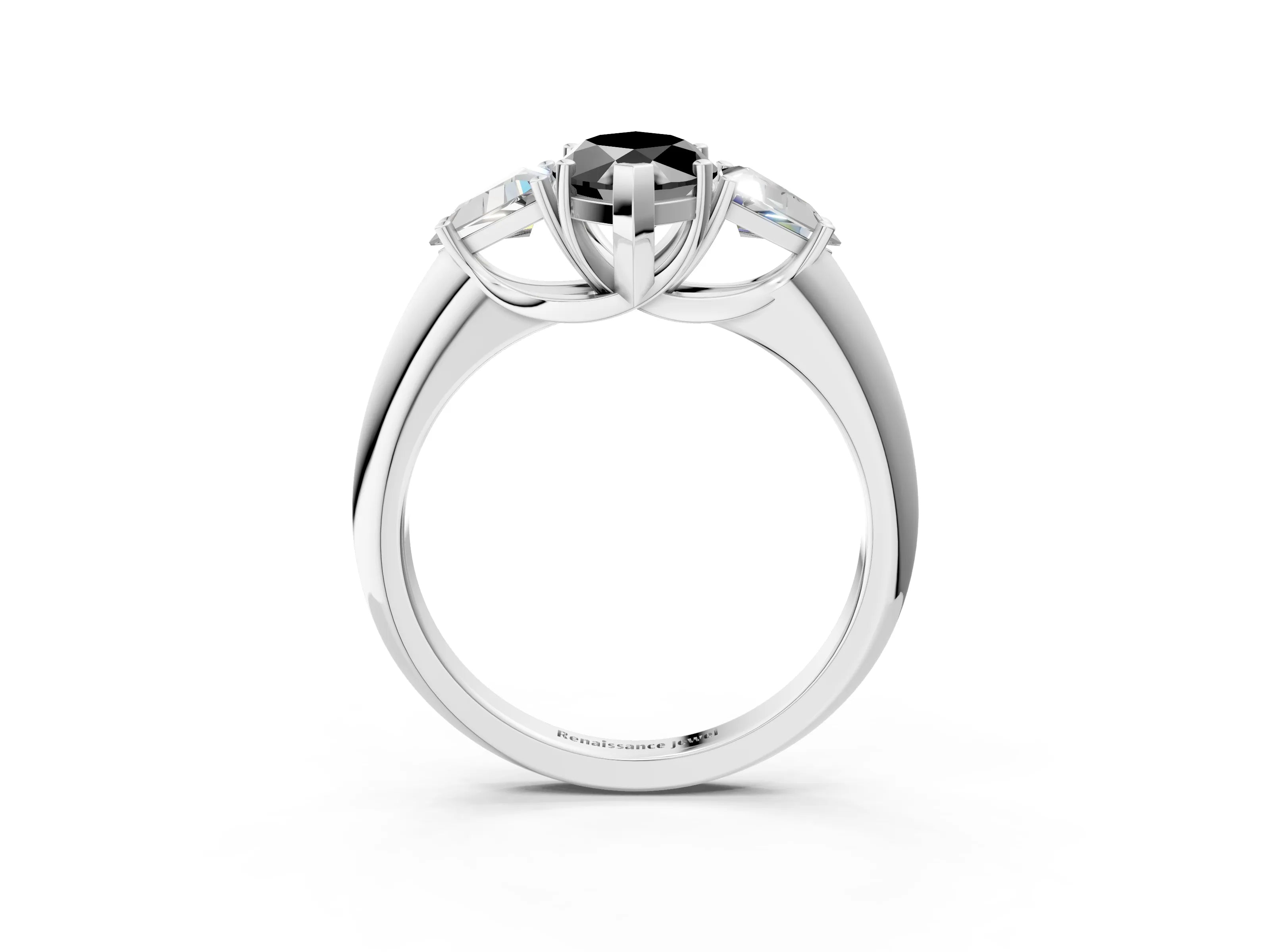 White gold Three-Stone Fancy Black Marquise Cut Cut Diamond Ring with Trillion Side Stones and Four-Prong Setting_14