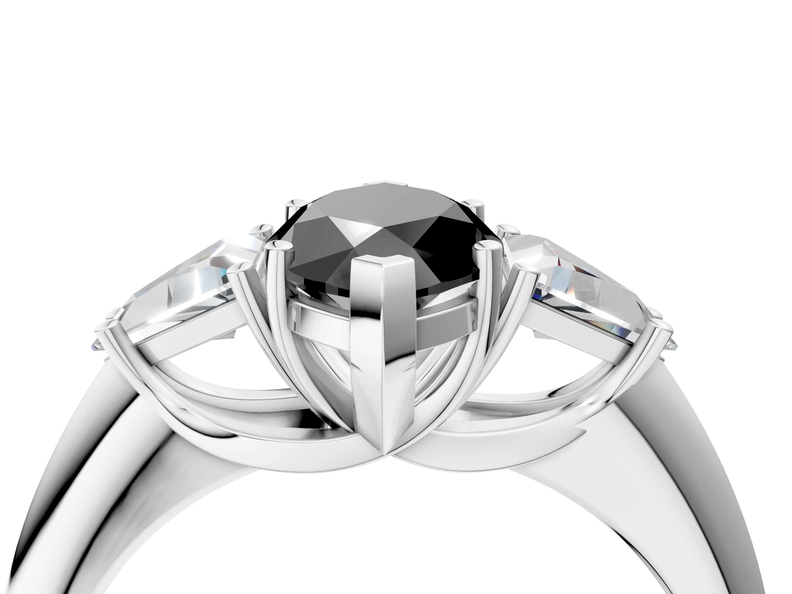 White gold Three-Stone Fancy Black Marquise Cut Cut Diamond Ring with Trillion Side Stones and Four-Prong Setting_15