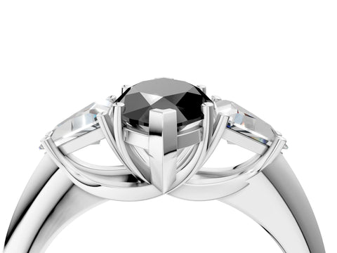 White gold Three-Stone Fancy Black Marquise Cut Cut Diamond Ring with Trillion Side Stones and Four-Prong Setting_15