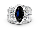 White gold Three-Stone Fancy Black Marquise Cut Cut Diamond Split Shank Prong Set Ring