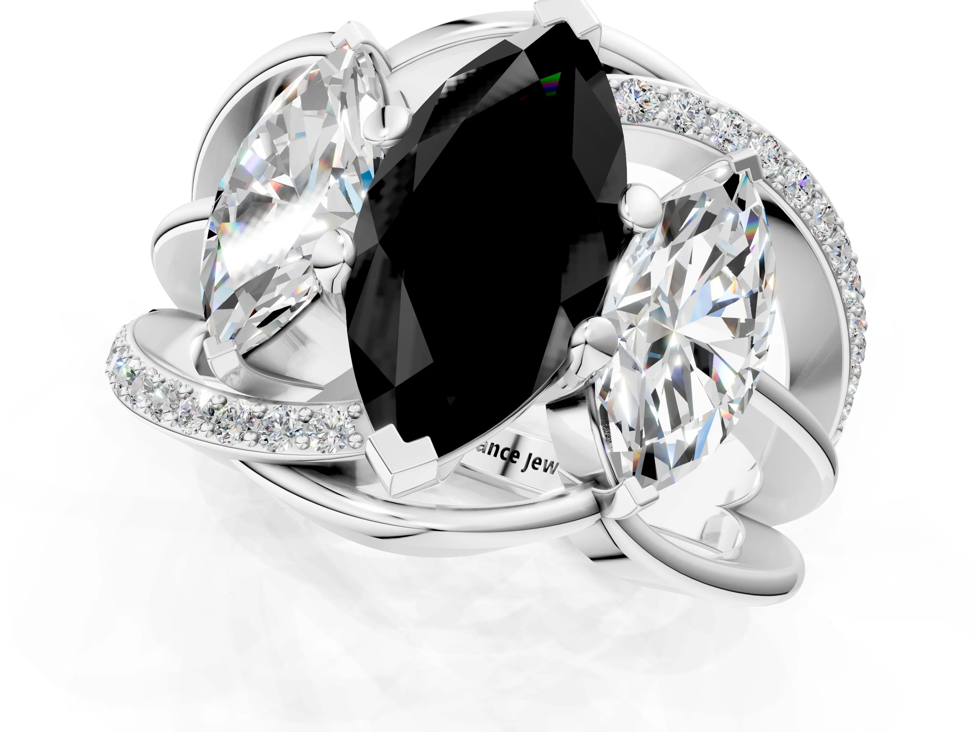 White gold Three-Stone Fancy Black Marquise Cut Cut Diamond Split Shank Prong Set Ring_1