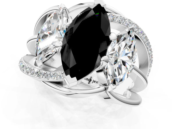 Platinum Marquise Three Stone Split Shank Engagement Ring Setting for Black Center