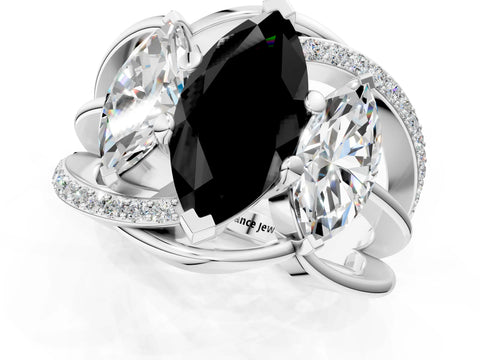 White gold Three-Stone Fancy Black Marquise Cut Cut Diamond Split Shank Prong Set Ring_1